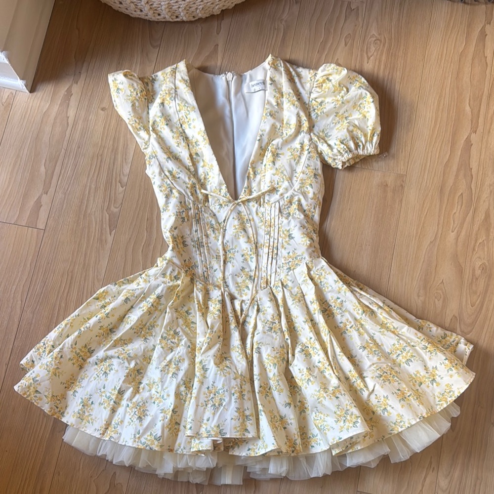 House of CB Yellow Floral Puff Sleeve Mini Dress